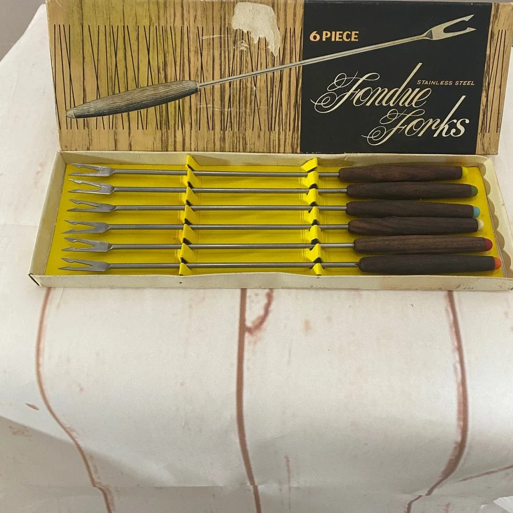 Vintage 6 Piece Stainless Steel Fondue Forks Wood Handle Japan W.F. #17 MCM